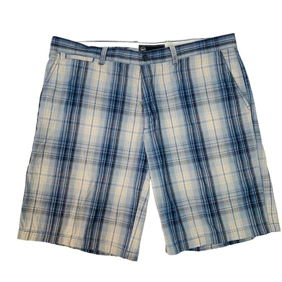Weatherproof Plaid Cotton Shorts Mens 40 Blue Beige Preppy Flat Front Cotton - Picture 11 of 11